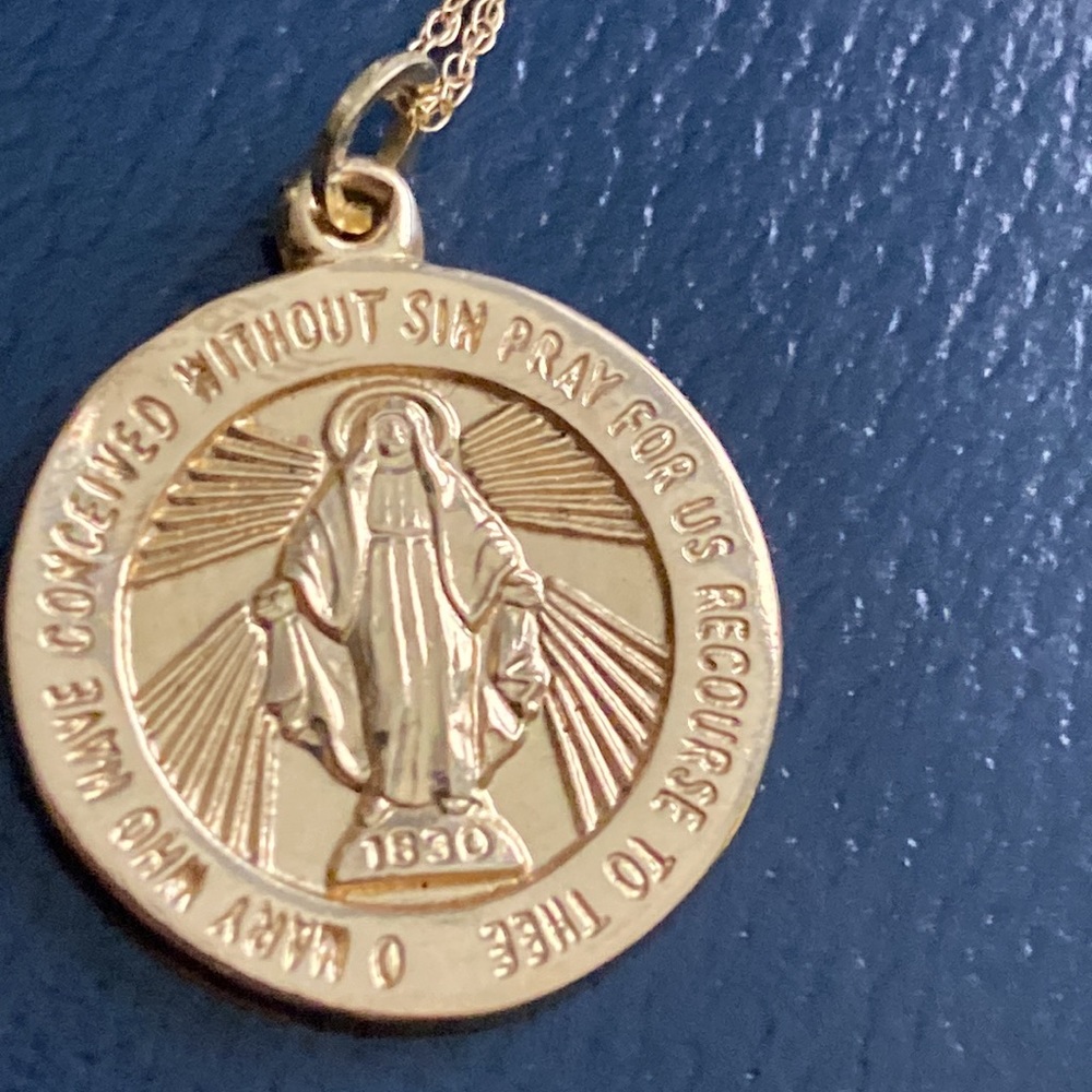 Genuine solid gold chain 14 karat gold pendant Catholic Mary solid gold